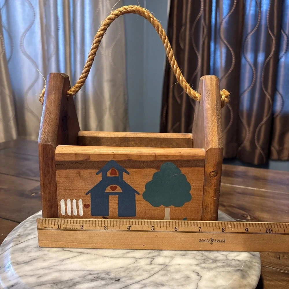 Vtg Hand Painted Folk Art Hand Crafted Wooden Caddy Rope Handle Cottage Core